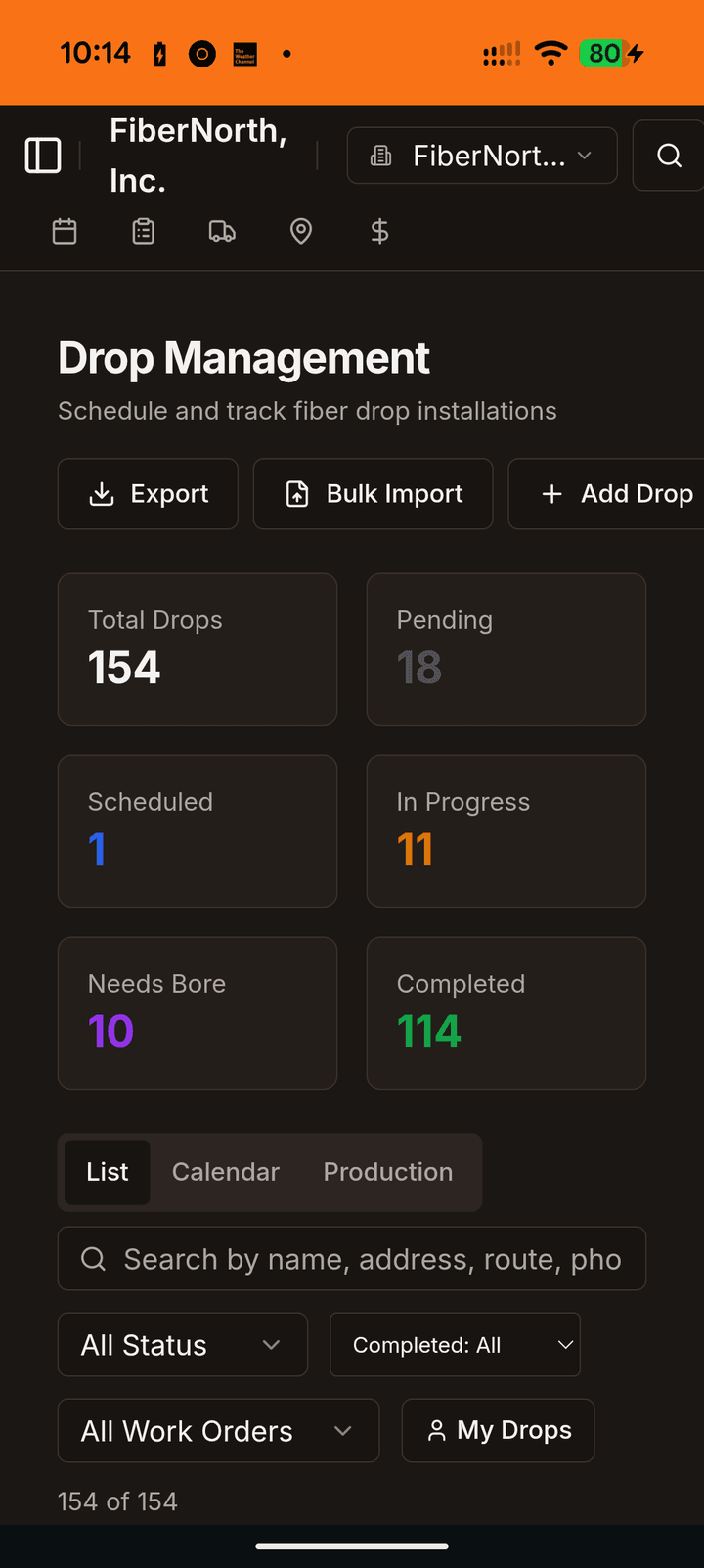 Drop Management dashboard: 154 total drops, 114 completed