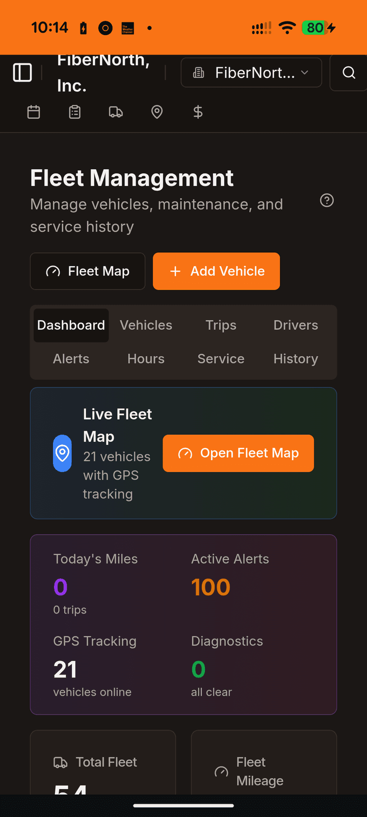 Fleet Management dashboard with 21 vehicles on live GPS