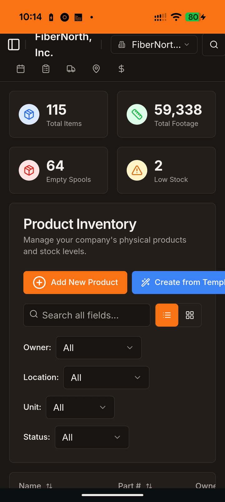 Inventory dashboard showing 59,338 feet of material tracked
