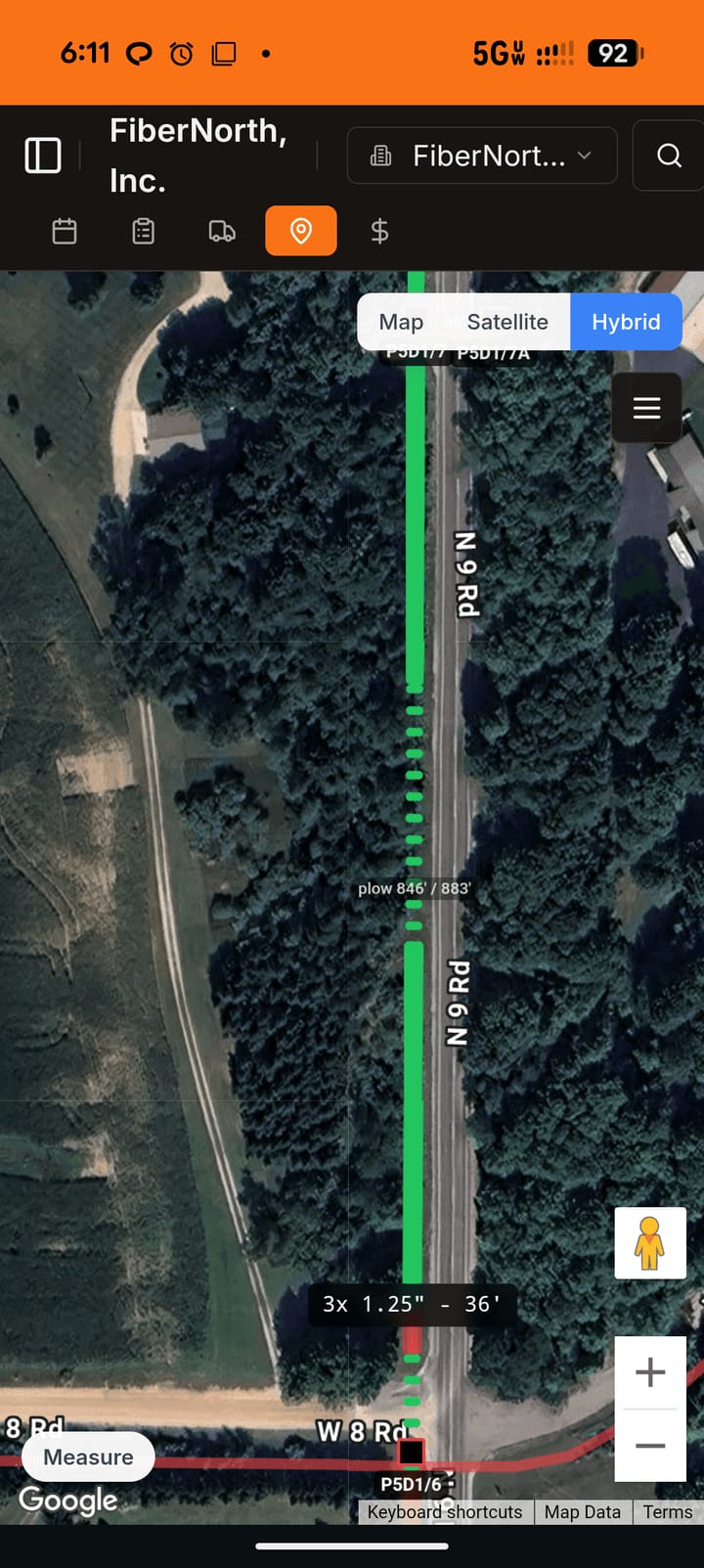 Bore-ON.com network map showing an installed plow run along N 9 Rd, 846 of 883 feet complete