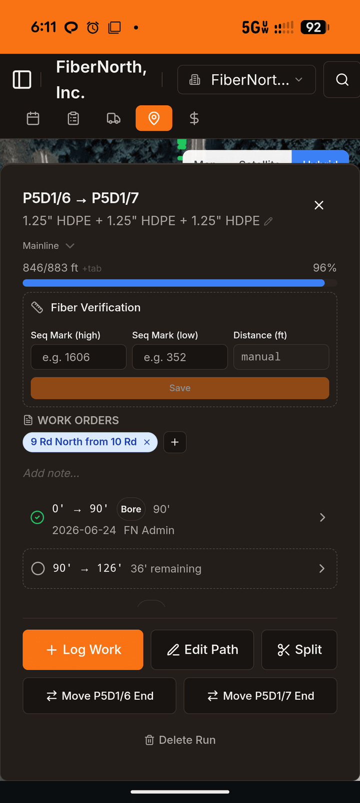 Run detail panel showing 846 of 883 feet logged, fiber verification, and logged bore segments